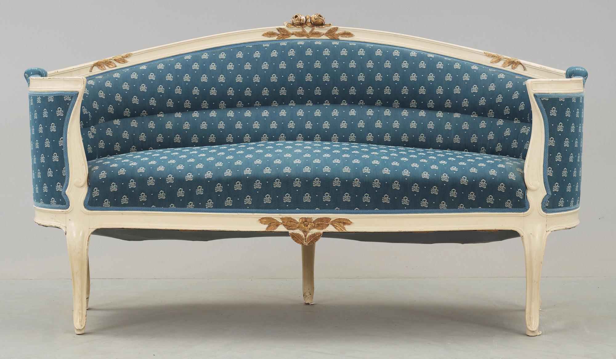 SOFFGRUPP, 7 delar, rokokostil, omkring 1900.