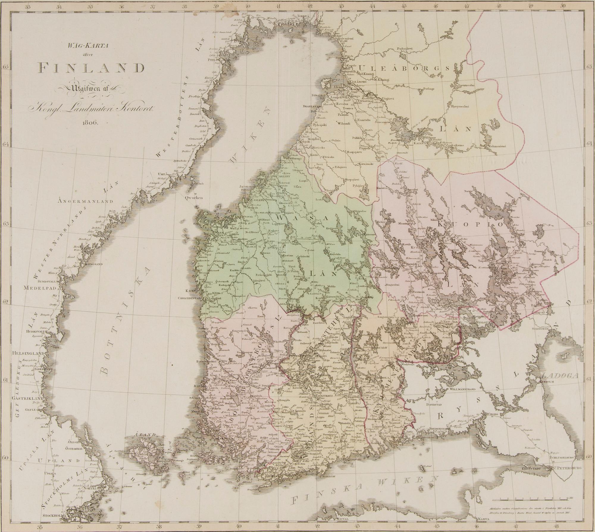 KARTA, Wäg-Karta öfver Finland, utgiven av Kungliga Lantmäteri kontoret 1806.
