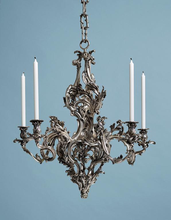 A highly important and rare Louis XV silvered brass
five-light chandelier  attributed to Pierre Boulanger, Paris c 1750.