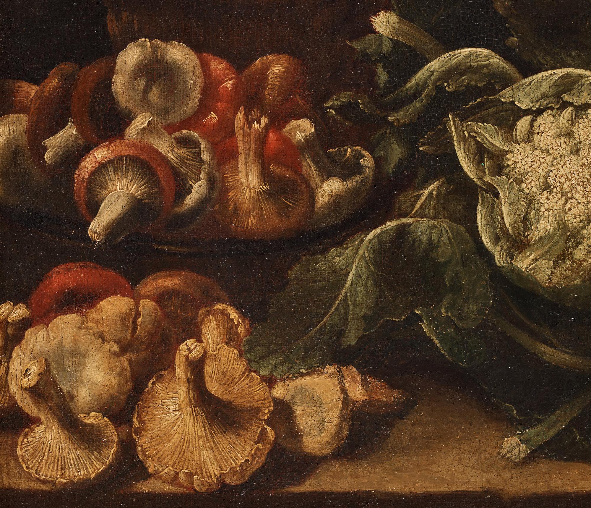 Simone del Tintore Follower of, Still life with asparagus, mushrooms, cauliflower and turnips.
