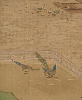 A Chinese scroll painting, ink and colour on silk, late Qing dynasty after Qiu Ying.