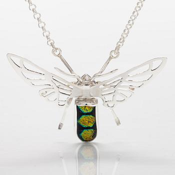 A sterling silver necklace "Moth" with dichroic glass. Ru Runeberg 2019.