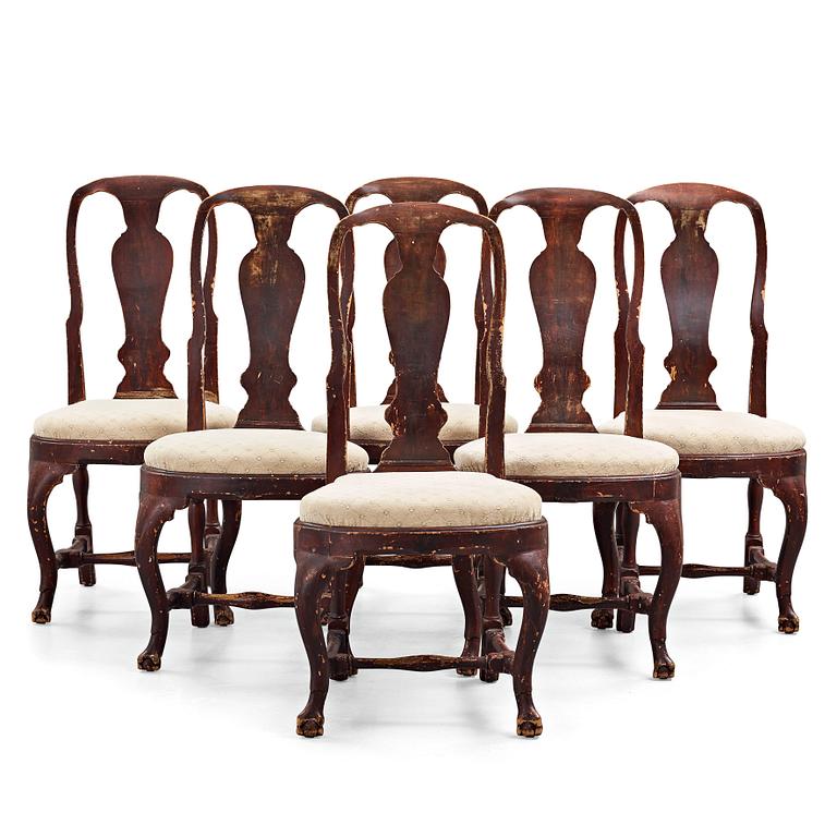 Six Swedish late Baroque 18th century chairs.