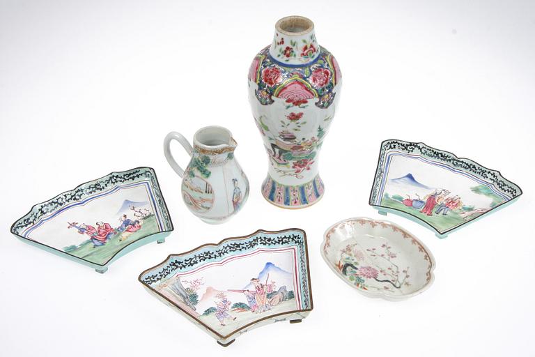 PARTI PORSLIN och EMALJ, 6 delar, Kina, 1800-tal.