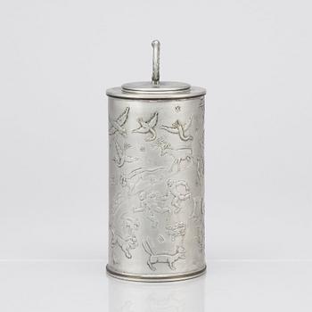 Nils Fougstedt, a lidded pewter jar decorated with the garden of Eden, Svenskt Tenn  Sweden 1930.