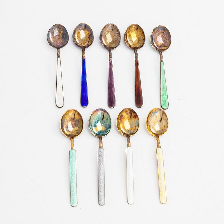 Tillander, sixteen enamelled and gilded silver coffee spoons, Helsinki 1952-65. Twelve in original box.