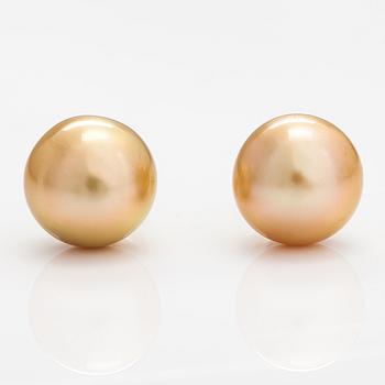 A pair of 18K gold earrings with cultured pearls.