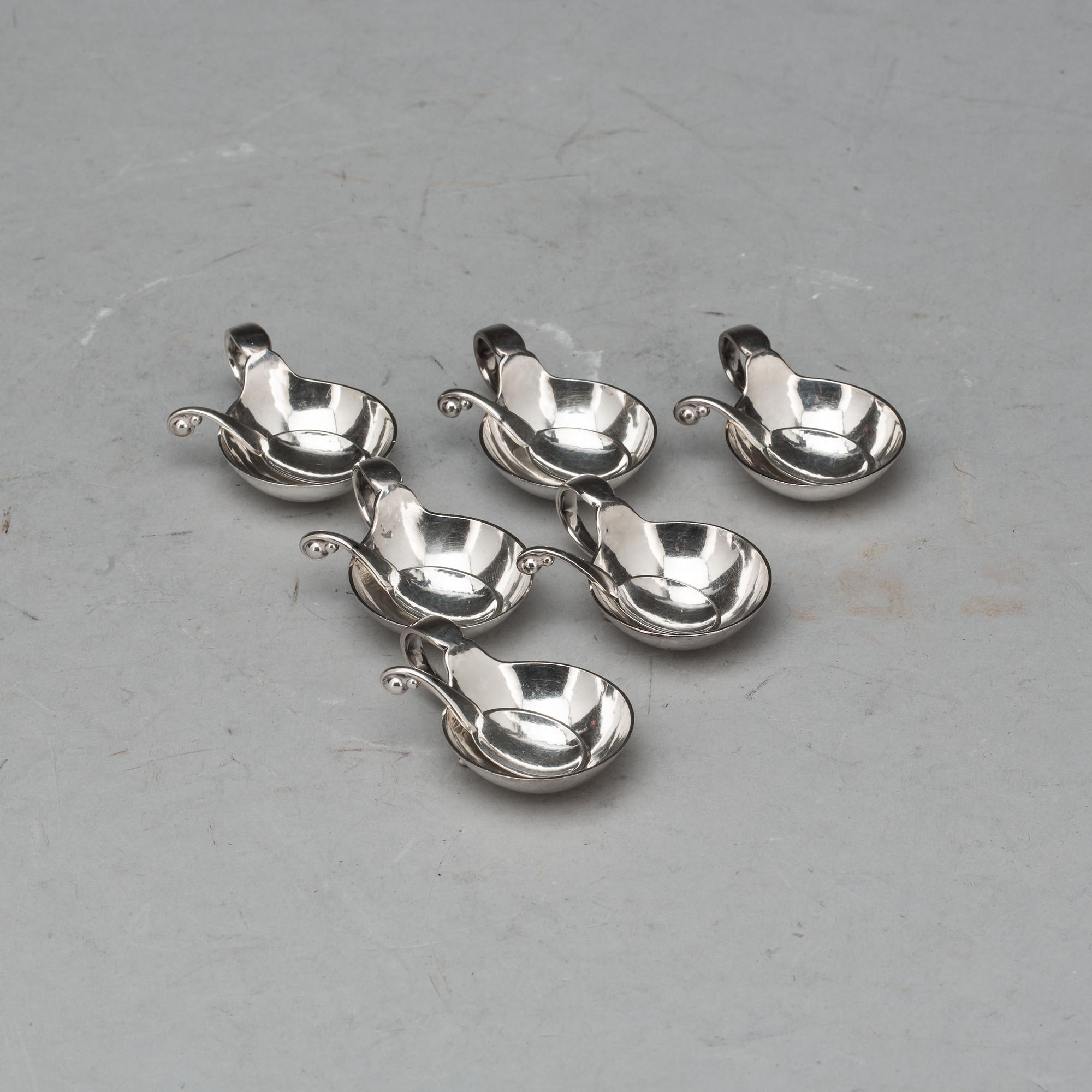 SALTKAR MED SKED, 6 st, silver, Georg Jensen Danmark med svenska importstämplar. Ca 105g.