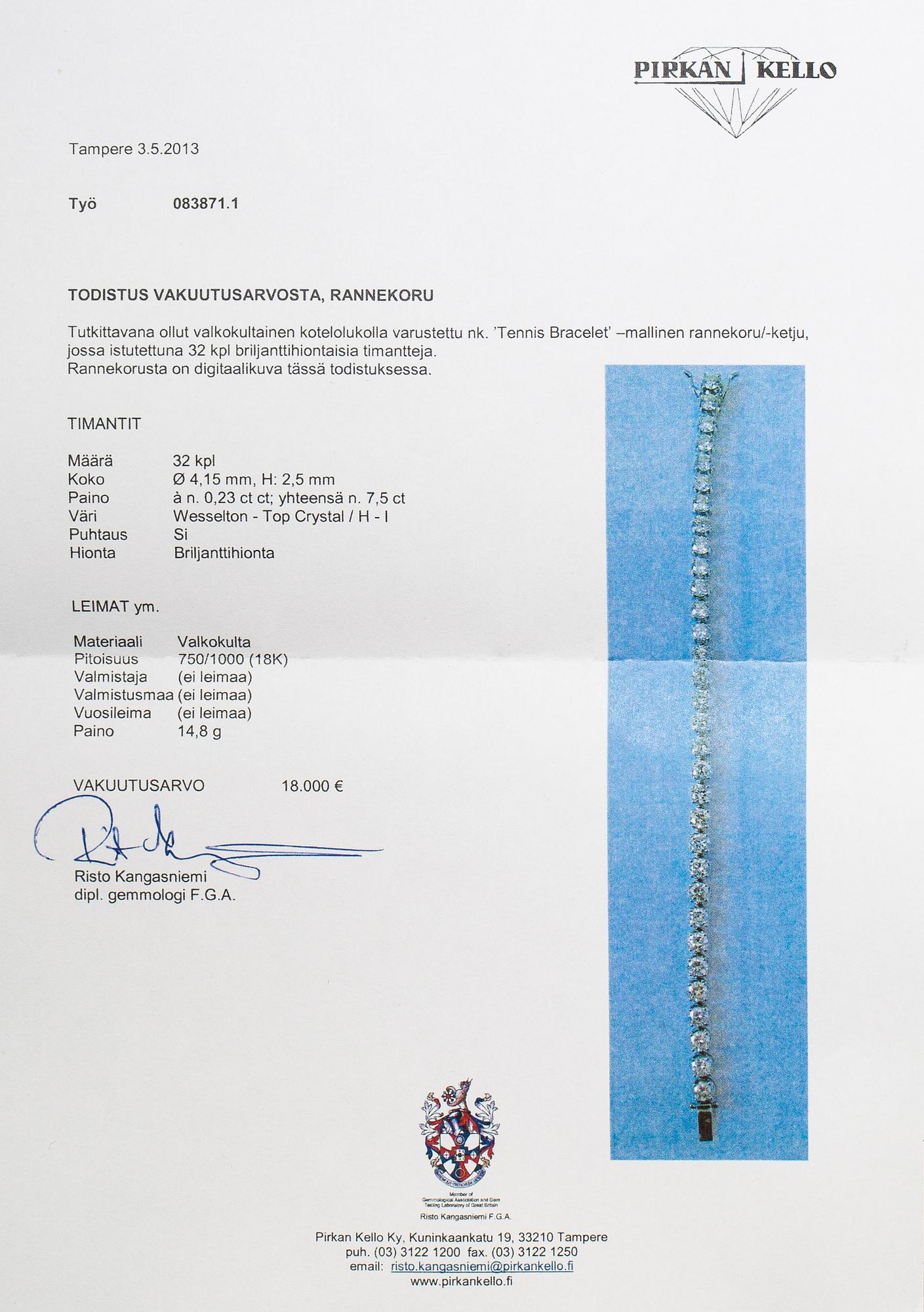 Tennisrannekoru, 18K valkokultaa ja briljanttihiottuja timantteja n. 7.50 ct yht.