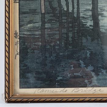 Hiroshi Yoshida, after, a colour woodblock print "Kameido Bridge", Japan, 20th century.
