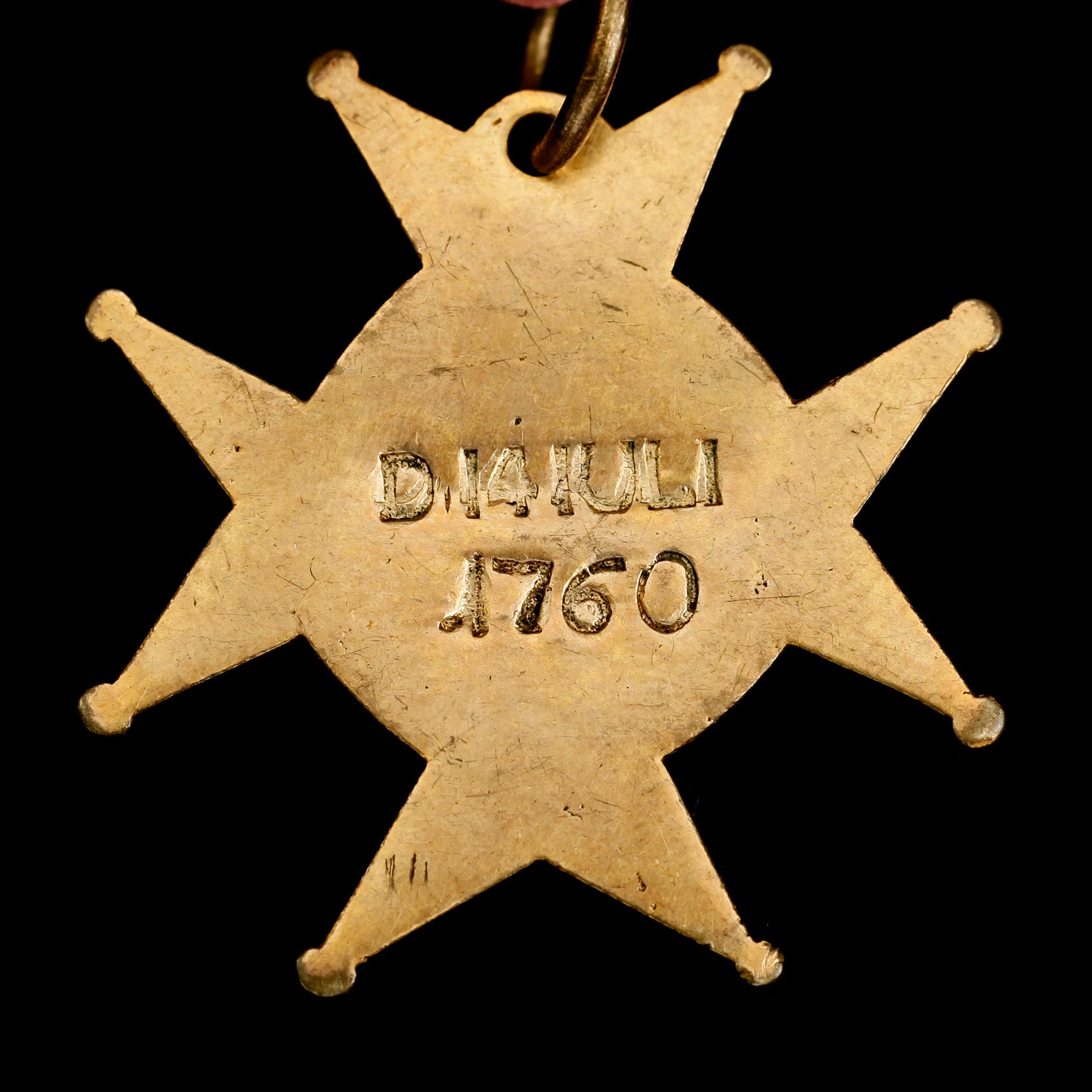 MEDALJ, förgylld metall, Amarantorden, daterad D 14 Juli 1760 samt MEDALJ, 18 k guldram, emaljdekor.