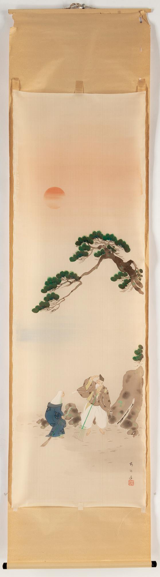 A group of three Japanese hanging scrolls, ink and colour on silk, 20th century.