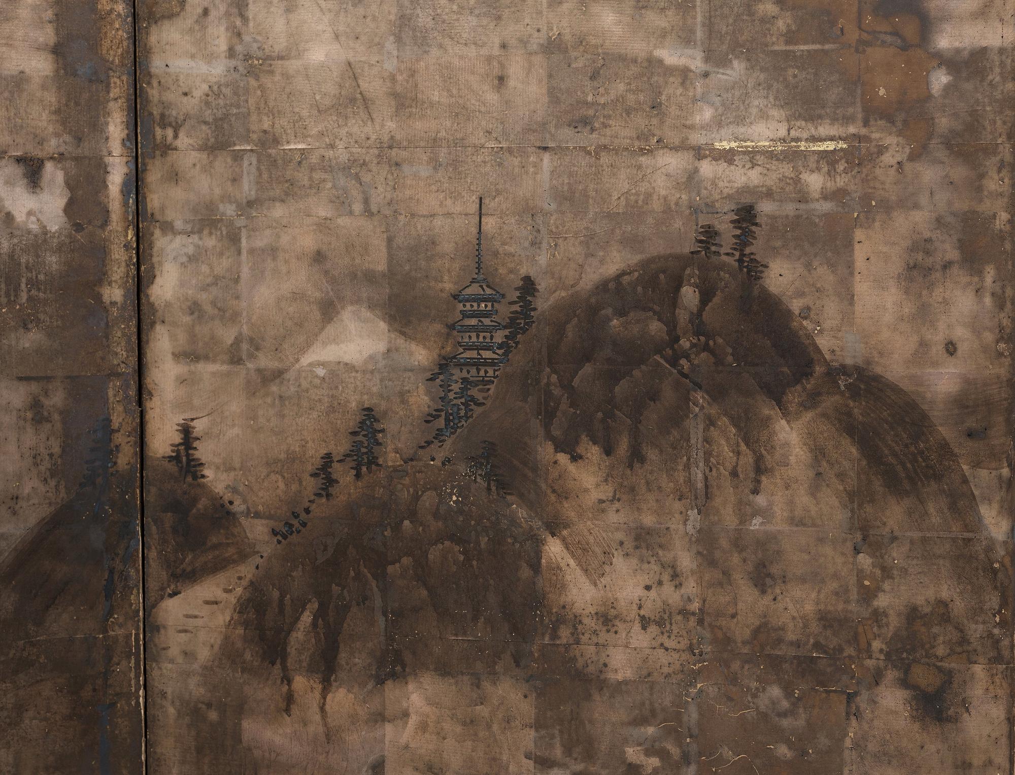 VIKSKÄRM, akvarell och tusch på papper. Japan, Meiji (1868-1912).
