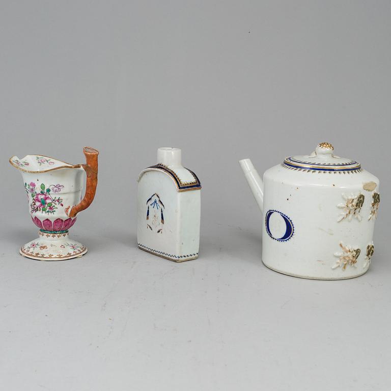 A tea pot, a milk jug and a tea caddy, Qing dynasty, 18th Century.