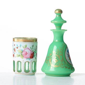 A green bottle with stopper and a beaker glass, Russia, 19th Century.
