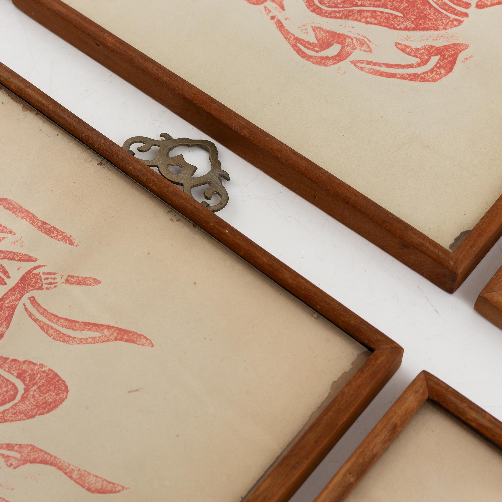 A set of six Chinese ink rubbings, two board games and a box with glass pearl embroidery.