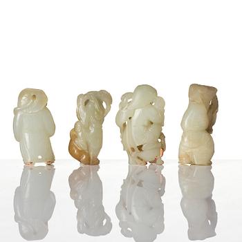 Figuriner, fyra stycken, jade. Qingdynastin, 1800-/1900-tal.