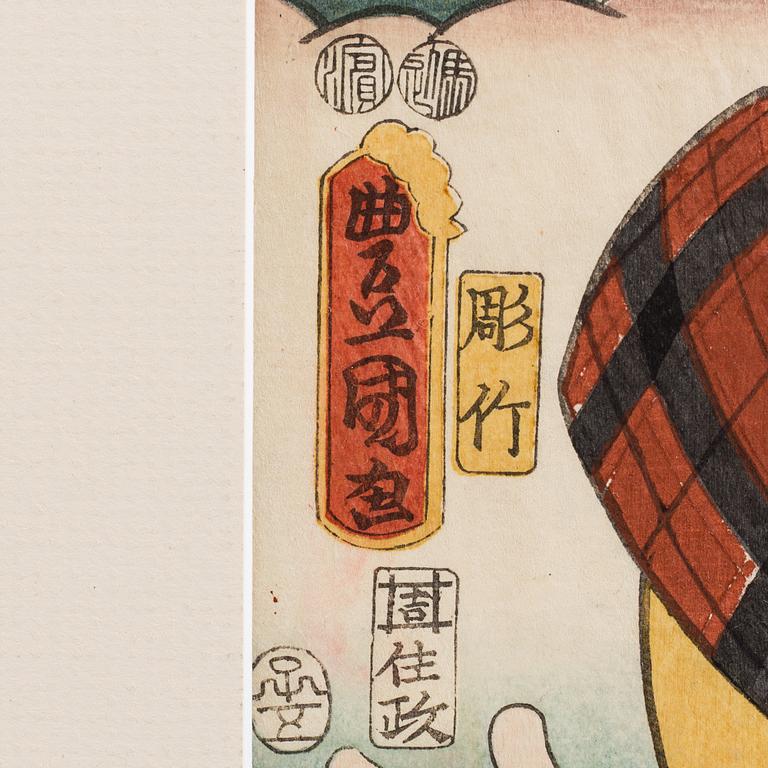 UTAGAWA KUNISADA, även kallad Toyokuni III (1786-1864), samt TOYOKUNI I,färgträsnitt, två st. Japan. "Skåderspelerskor".
