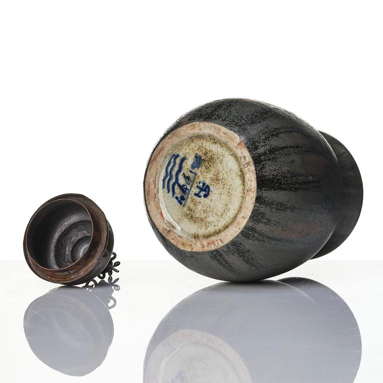 Patrick Nordström, a stoneware urn with a patinated metal cover, Royal Copenhagen, Denmark 1914.