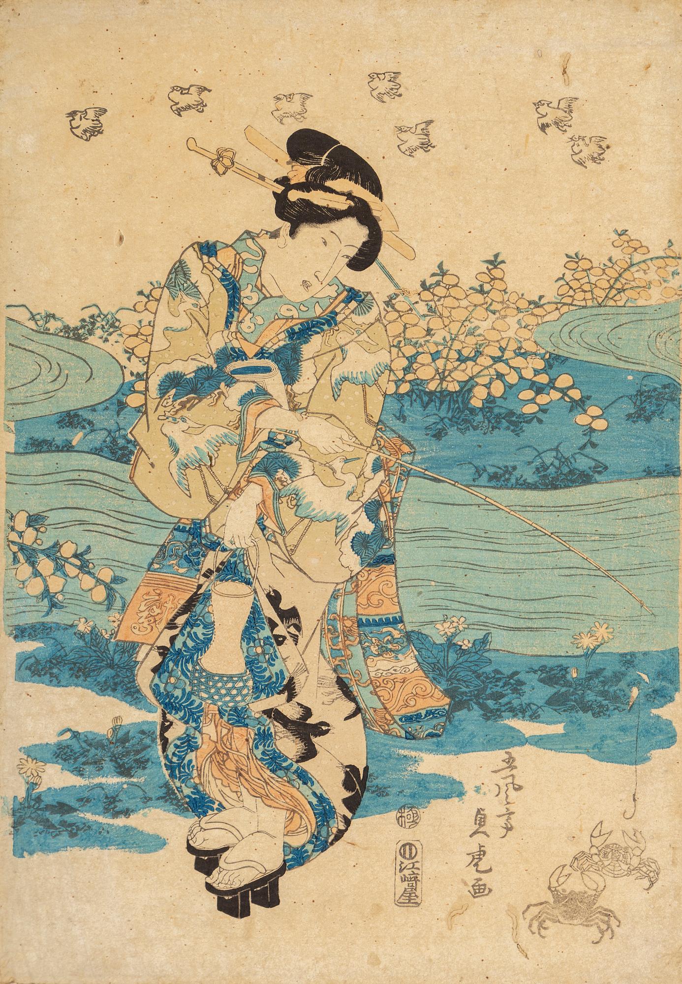 KITAGAWA UTAMARO, samt KATSUKAWA SHUNSHO, efter. Färgträsnitt, två stycken. Japan, sent 1800-tal/tidigt 1900-tal.