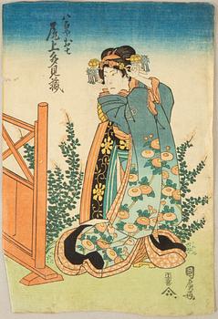 Three Japanese coloured woodblock prints, Meiji (1868-1912).