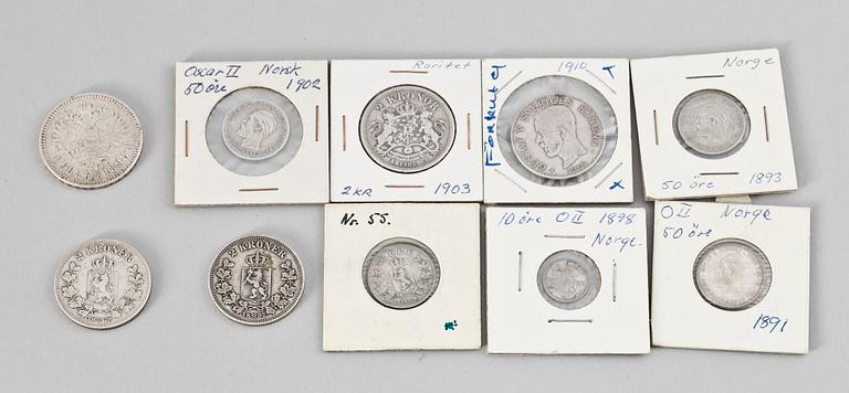 MYNT, 10 st, silver, Norge, Sverige samt Ryssland, 1800-tal.