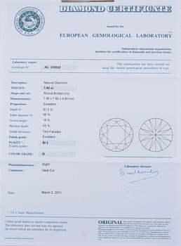 SORMUS, briljanttihiottu timantti 1.80 ct. G/si3 . 6 trapez hiottuja timantteja n. 0.30 ct. EGL sertifikaatti.