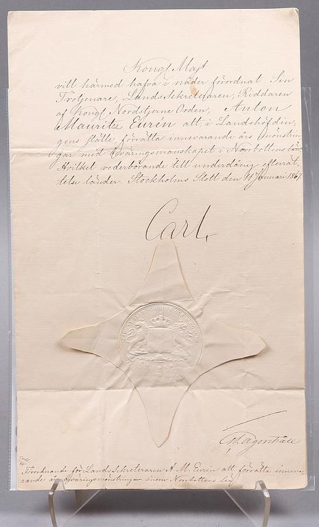 DOKUMENT, autograf, KARL XV av Sverige. Sign o dat 11 januari 1867.