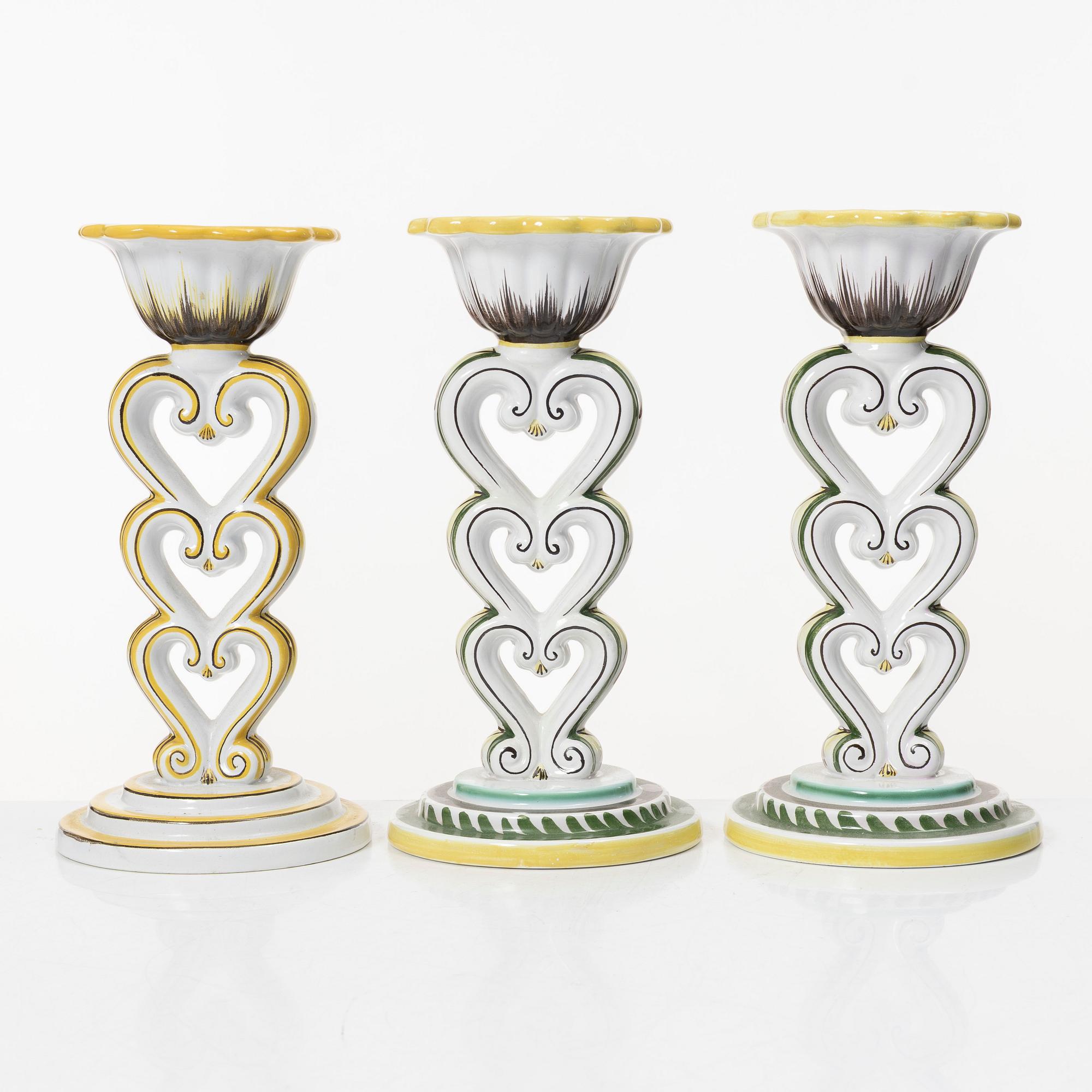 Arthur Percy, three 'Tre hjärtan' candlesticks, Gefle.