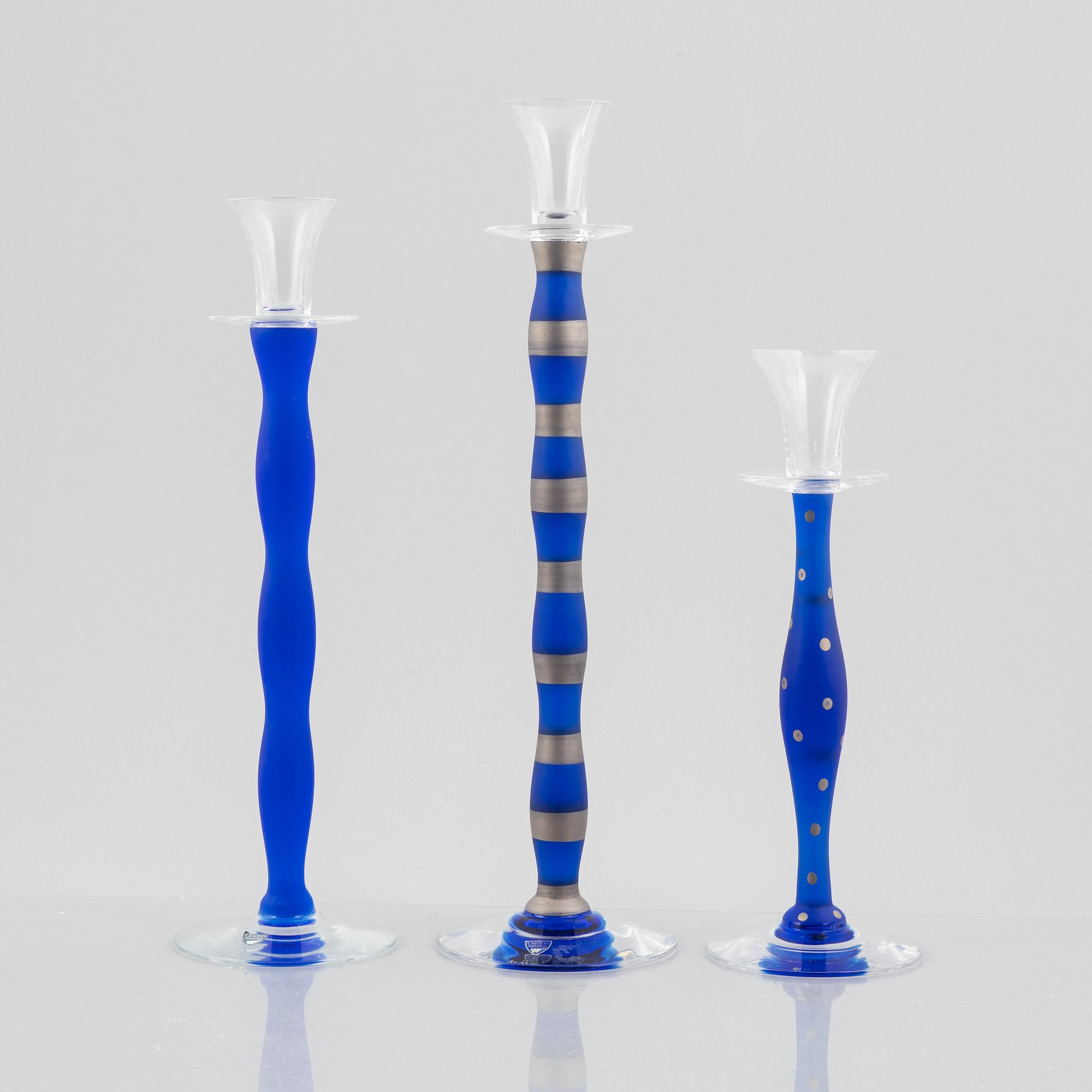 Anne Nilsson, ljusstakar, 3 st, glas, "Celeste", Orrefors.