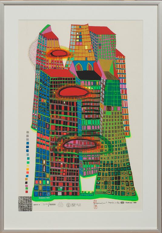 FRIEDENSREICH HUNDERTWASSER, färgserigrafi med metallprägling, signerad och numrerad 3506/10000.