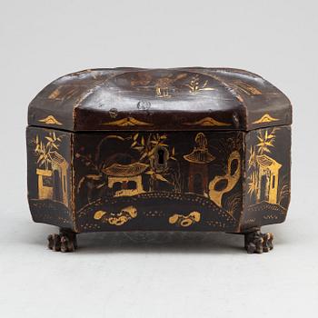 A Chinese tin case in a wooden box, early 20th century.