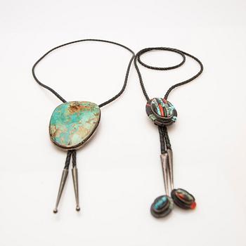 Cowboy ties, 2 pcs, sterling silver with turquoises and stones, and a necklace.