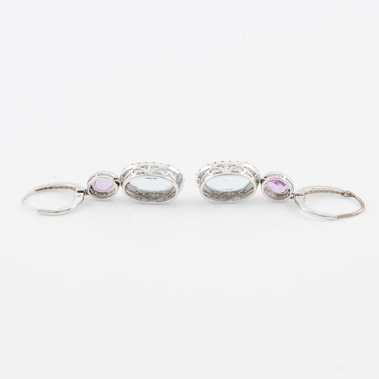 Aquamarine, pink sapphire and brilliant-cut diamond earrings.
