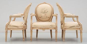 Three Gustavian late 18th century armchairs.