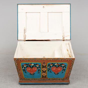 A painted pine chest from Dalsbo, Hälsingland, dated 1866.