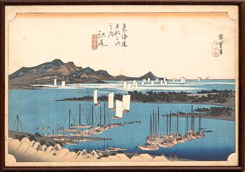 Utagawa Hiroshige I efter, färgträsnitt 4 stycken, Japan sekelskiftet 1900.