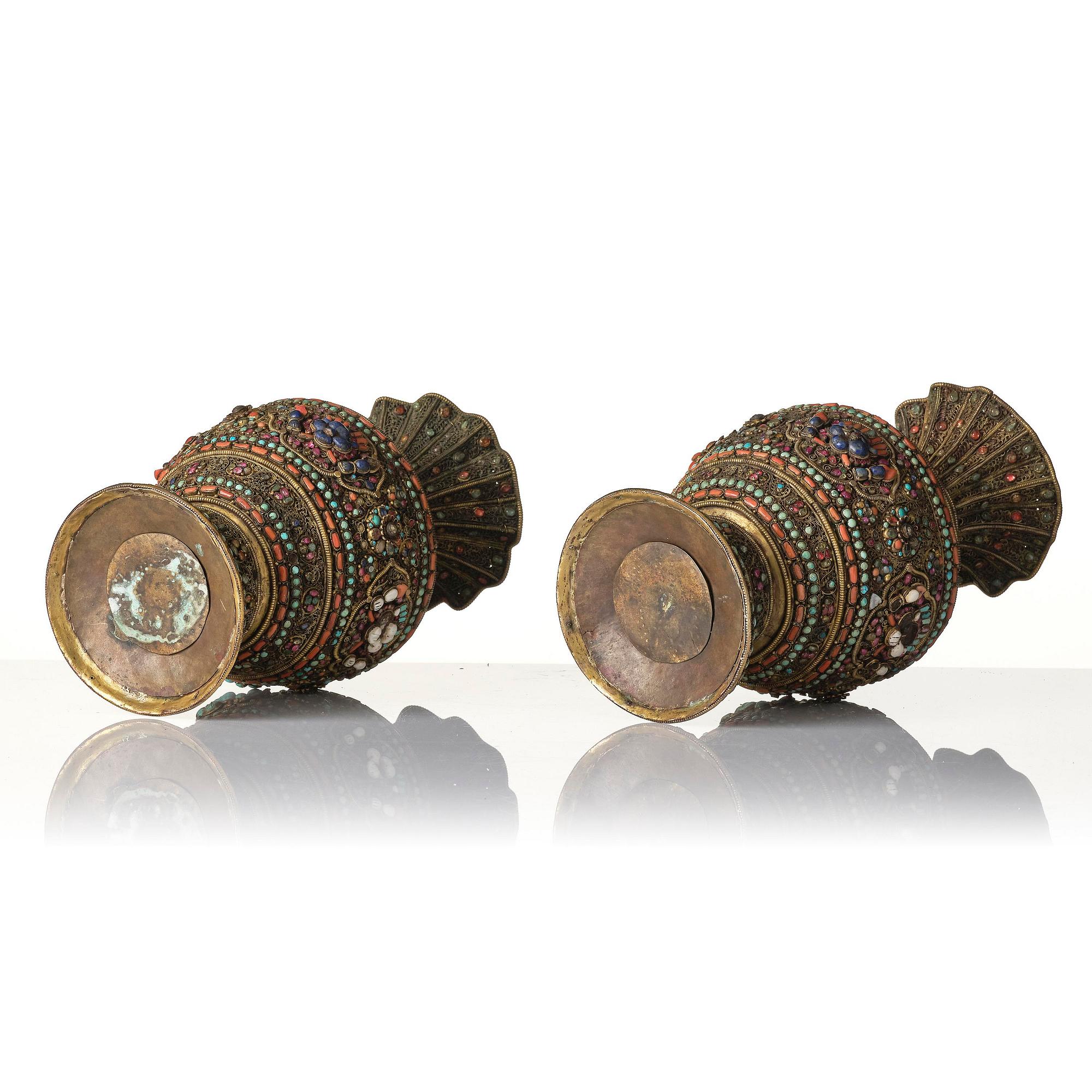 A pair of Tibetan/Nepalese filigree vases with stone inlay, 19th century.