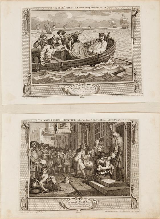WILLIAM HOGARTH, three copper etchings, "The Cockpit", 1759 and plate 5 and 6 from "Industry and Idleness", 1747.