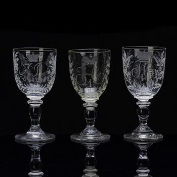 A set of three commemorative Russian glasses, late 19th century.