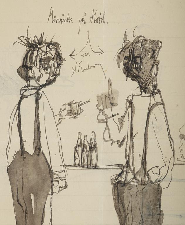 Axel Fridell, ink on paper. Signed with initials.