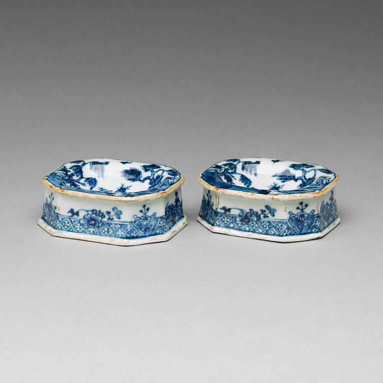 A pair of blue and white salts, Qing dynasty, Qianlong (1736-95).