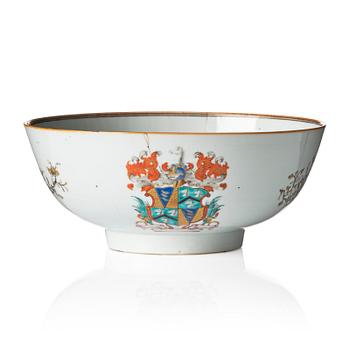 1252. A famille rose and grisaille armorial punch bowl, Qing dynasty, 18th century.