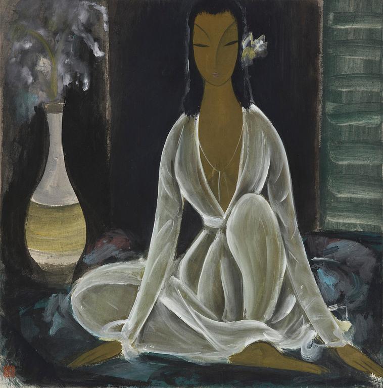 Lin Fengmian, 'Lady in white with vase'.