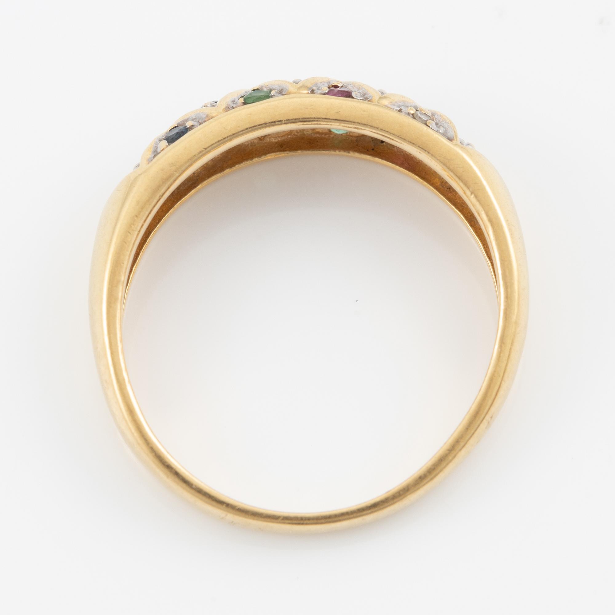 Ring, and a pair of earrings, 18K gold set with small rubies, emeralds, sapphires, and diamonds.