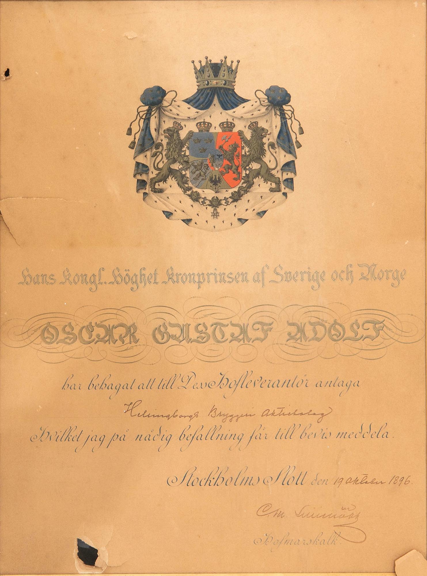 Court supplier letters 2 pcs for Helsingborgs Bryggeri Aktiebolag dated 1894 and 1896.