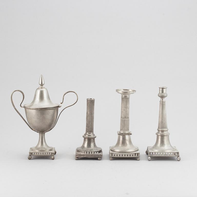 3 candlesticks and a sugar bowl, pewter, Sweden 18/19th Century.