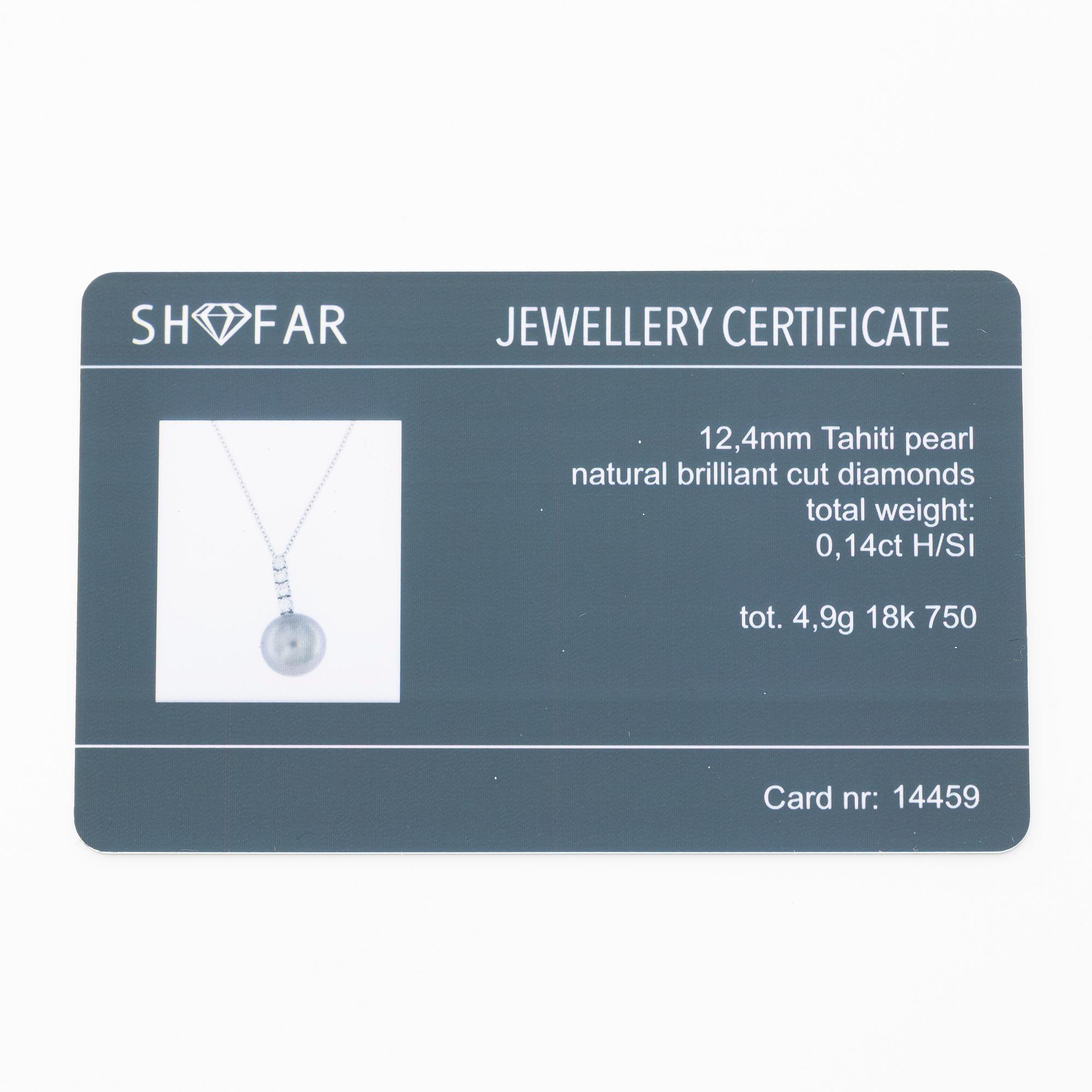 Necklace 18K white gold with cultured Tahitian pearl and brilliant-cut diamonds.