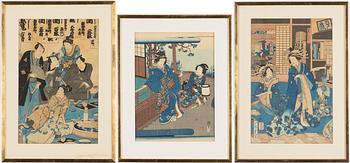 Three woodblock prints, including Utagawa Kunisada II and Toyoharu Kunichika, Japan.