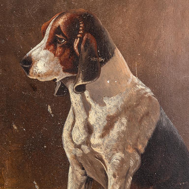 A 19th century brass fire shield decorated with paint of hunting dog setter in the stable.